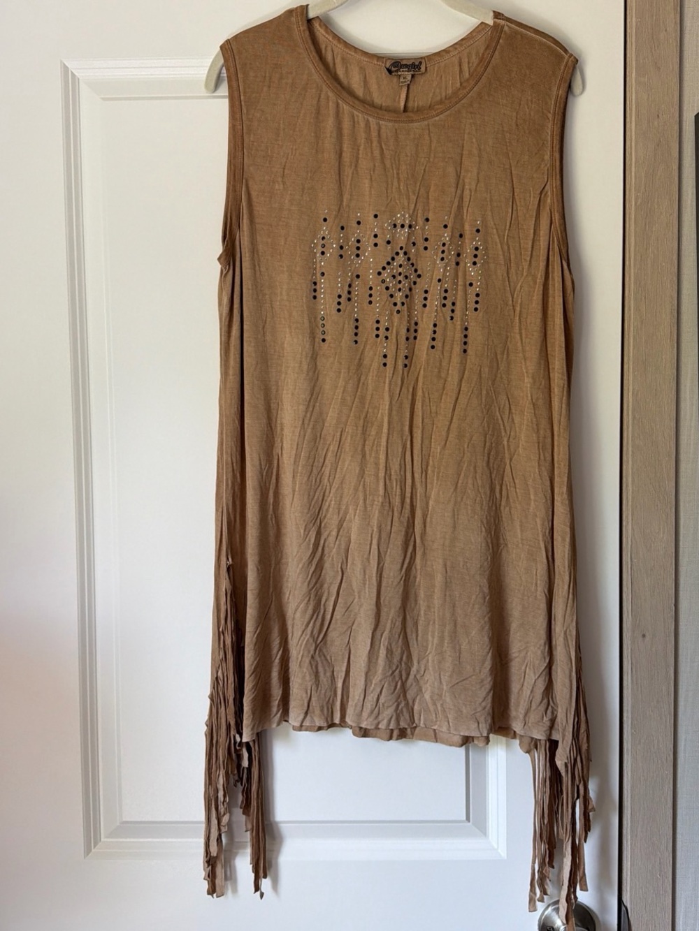 Sleeveless Fringe Studded Tunic Tank - Brown